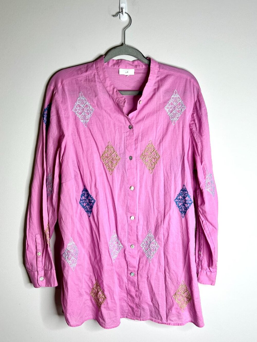 J. Jill Pink Embroidered Button-Front Cotton Tunic Top Bohemian Lightweight 2X